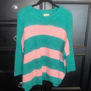 Easel Teal and Pink Striped Crew Neck Sweater